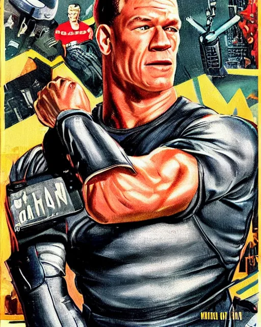 Image similar to john cena in 1 9 5 0 s pulp sci - fi movie poster, retrofuturism, highly detailed