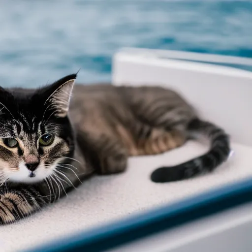 Prompt: a cat laying on an extremely tiny bed in the middle of the ocean, canon eos r 3, f / 1. 4, iso 2 0 0, 1 / 1 6 0 s, 8 k, raw, unedited, symmetrical balance, in - frame
