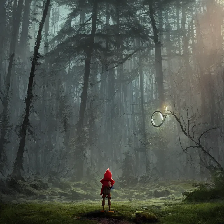 Image similar to a forest gnome standing in front of a circle portal open to another world Detailed digital matte painting in the style of simon stalenhag