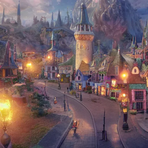 Image similar to little magical town for wizards and people with magic, realistic, 8 k, extremely detailed, cgi, trending on artstation, hyper - realistic render