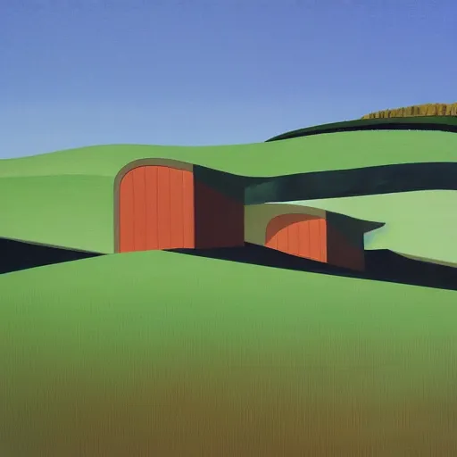 Image similar to dreaming futuristic rural landscape with modern houses, painted by Alex Katz and Edward Hopper, airbrush, highly detailed