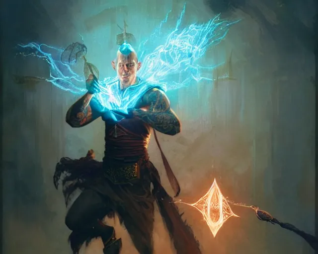 Image similar to handsome tattooed gym bro wizard lightning magic spell vfx, diagonal spell vfx, fantasy game spell, fantasy epic digital art, by greg rutkowski, gaston bussiere, craig mullins, j. c. leyendecker, tom of finland