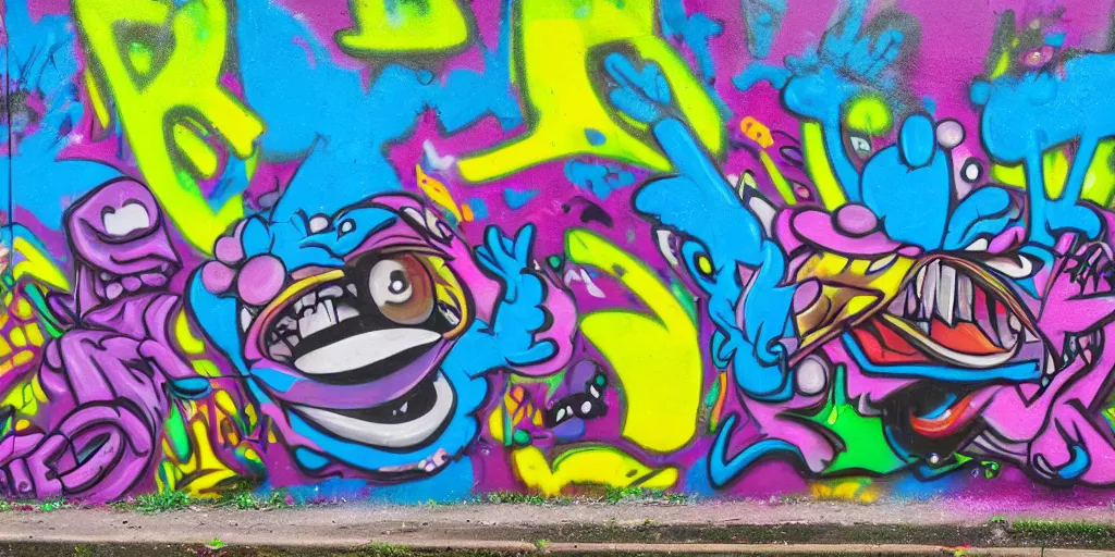 Image similar to Cookie monster with psychedelic colorful eyes, spraypainted on a wall, award-winning graffiti, 15mm wide-angle photograph