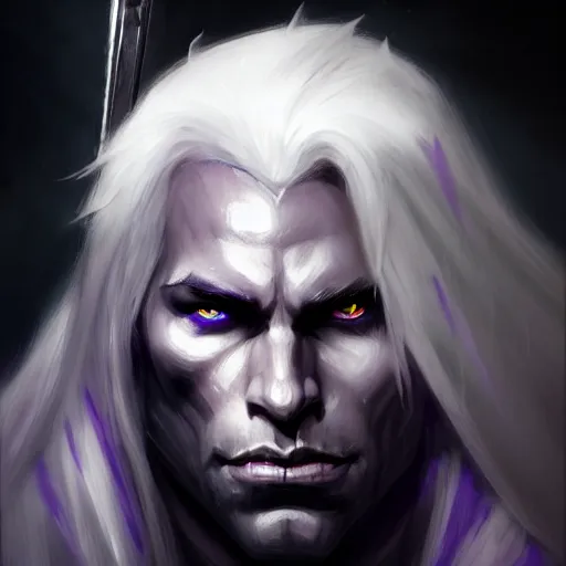 Prompt: realistic portrait of drizzt du orden by r. a. salvatore, dark elf with purple eyes and white hair and thin face!!!!!, trending on artstation, dark gloomy cave background, low angle oil painting and composition laws, cinematic lighting, hyperdetailed, cgsociety, 8 k