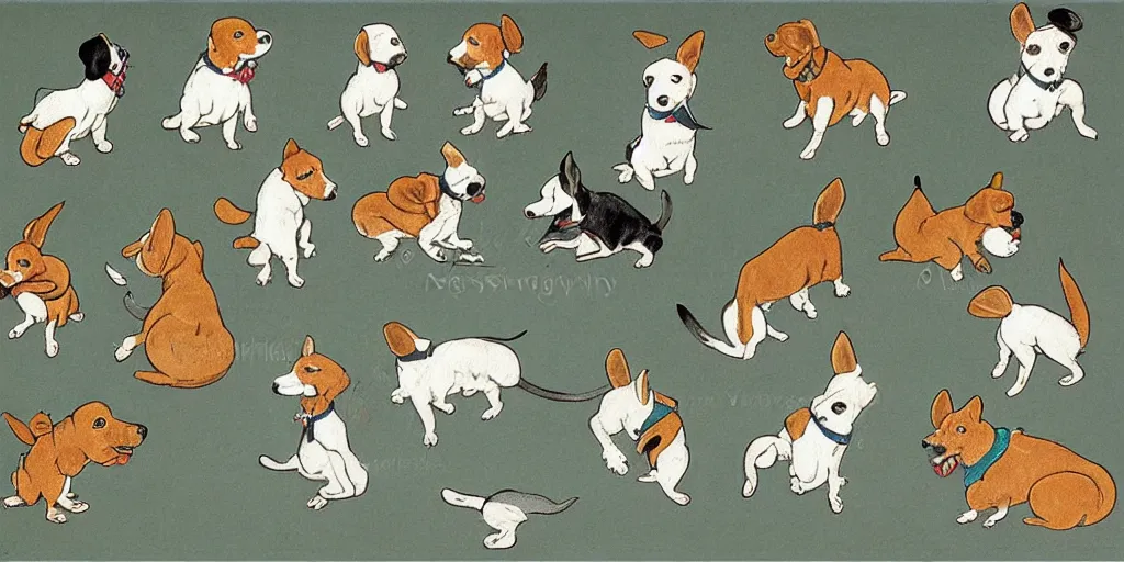 Image similar to jack russel dog, sprite sheet illustrated by peggy fortnum and beatrix potter and sir john tenniel