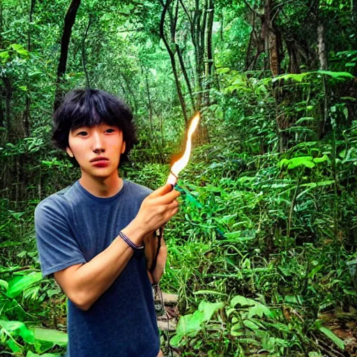 Prompt: korean mowgli, 2 0 years old, with long unkempt and slightly curly hair, holding a torch in one hand and an iphone in the other hand, standing in the jungles of jeju island
