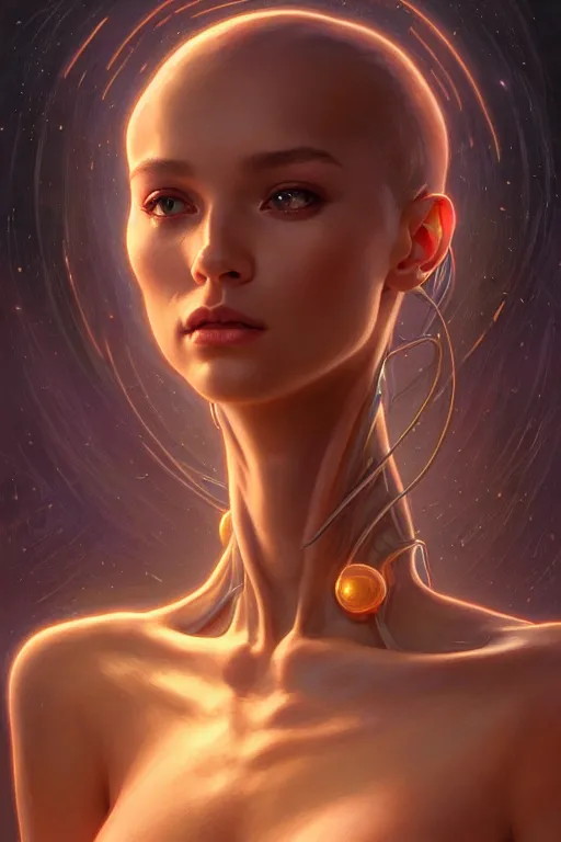 Image similar to clear portrait of a alien attractive women, cottagecore!!, background hyper detailed, character concept, full body, dynamic pose, glowing lights!! intricate, elegant, highly detailed, digital painting, artstation, concept art, smooth, sharp focus, illustration, art by artgerm and greg rutkowski and alphonse mucha