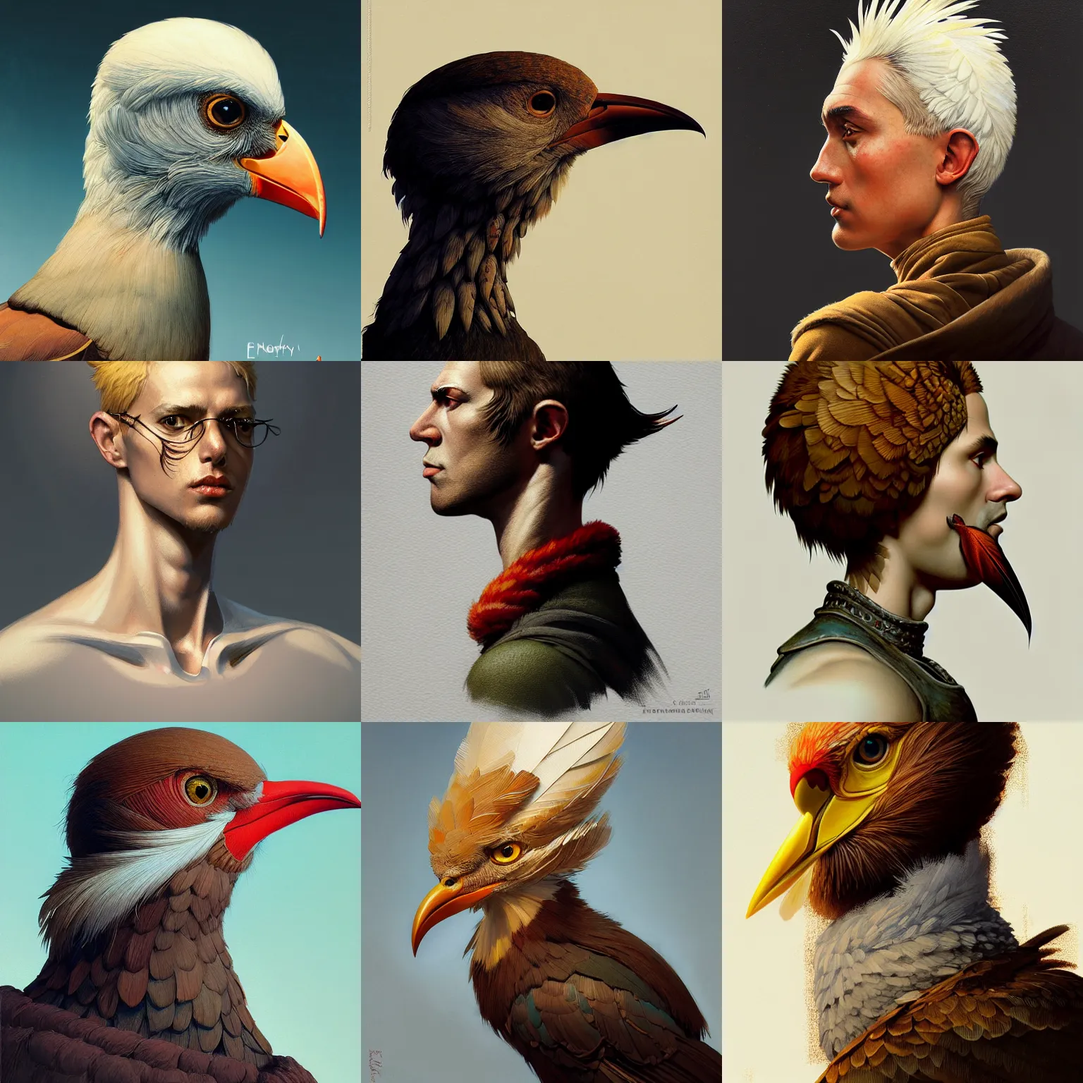 Prompt: rpg! profile! portrait of humanoid bird on white background, beak, feathers, intricate, highly detailed, digital painting, artstation, concept art, smooth, sharp focus, illustration, art by norman rockwell emiliano ponzi andrey remnev yoann lossel aaron jasinski, 8 k