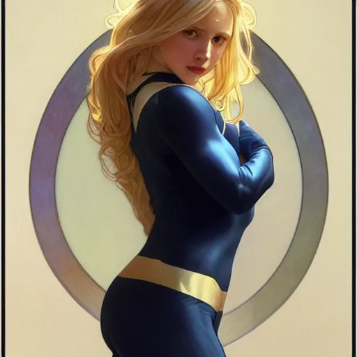 Image similar to a beautiful portrait of a beautiful cute young superhero woman, blonde hair, tight solid matte navy - blue lycra bodysuit, white cape, intricate, elegant, 8 k, highly detailed, digital painting, concept art, smooth, sharp focus, illustration, by artgerm greg rutkowski alphonse mucha loish wlop