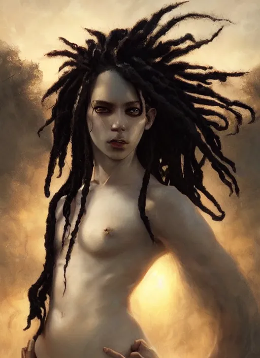 Image similar to girl with pale white skin and black dreadlocks, beautiful highly detailed face, complementary lighting, backlit, black eyeshadow, dark eyes, adventure, dramatic lighting, landscape background, beautiful painting by artgerm and greg rutkowski and raymond swanland