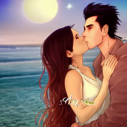 Prompt: seifer almasy kissing rinoa heartilly under the moonlight, with the night sea in the background.