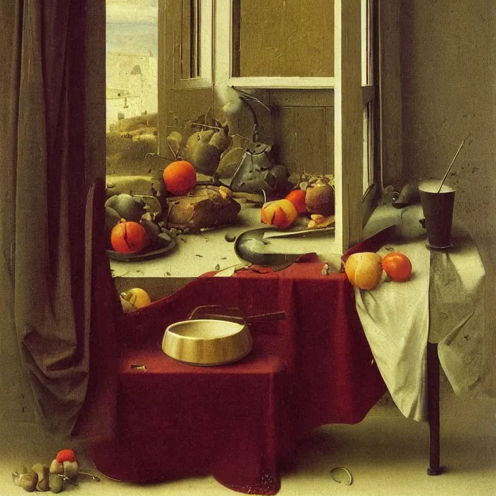 Image similar to melancholy still life with soup in a window frame. painting by frank sedlacek, jan van eyck