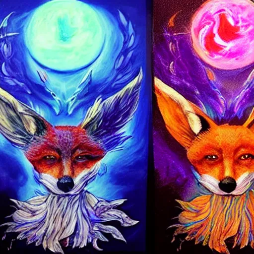 Image similar to a stylized realistic blacklight painting of an avatar of an awesome powerful cosmic horror foxfolk mage with a fox skull for a face with hummingbird feathers for fur themed around death and astronomy, in the style of dnd beyond avatar portraits, beautiful, artistic, elegant, lens flare, magical, lens flare, nature, realism, stylized, art by jeff easley