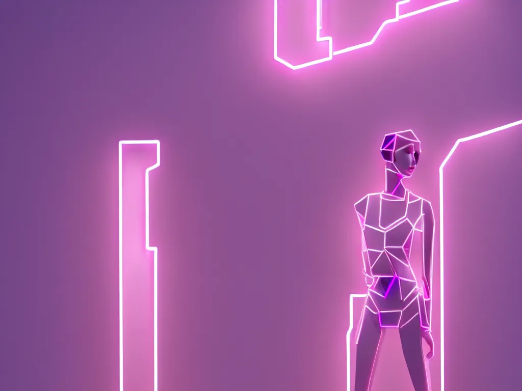 Image similar to beautiful mannequin sculpted out of amethyst by billelis + lit with geometric neon + iridescent geometric cubed bonsai plants!!!!, doorway opening with neon pink geometric light, clean linework, dramatic, finely detailed, rule of thirds, moody, award winning, 4 k, trending on artstation, photorealistic, volumetric lighting, octane render
