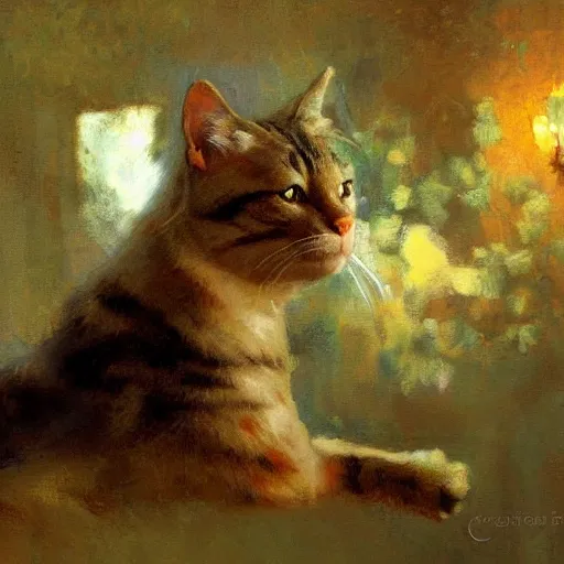 Prompt: a cat painting by Gaston Bussiere, Craig Mullins