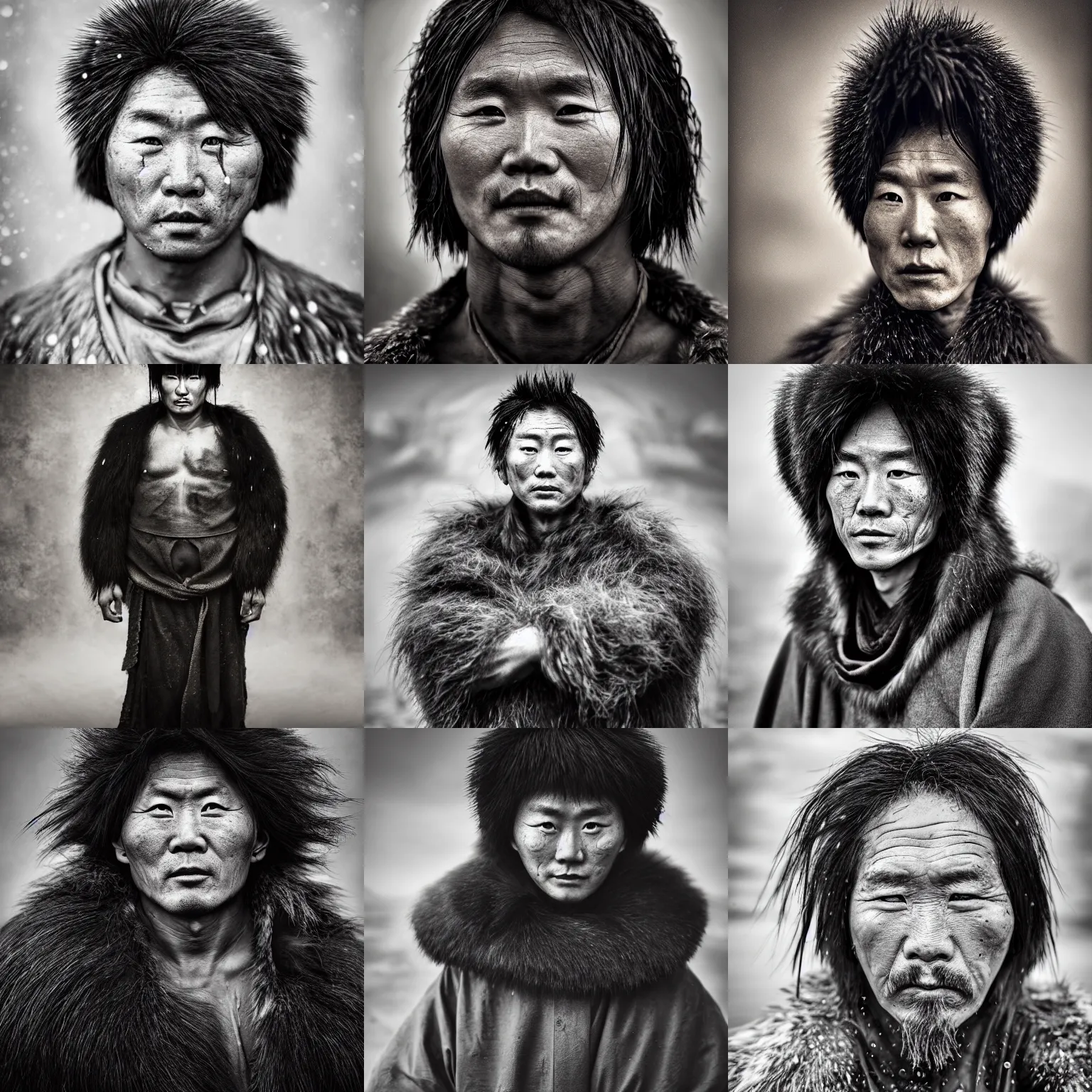 Prompt: Award Winning reportage Full-body Portrait of a Early-medieval weathered Korean Male in the pouring rain with incredible hair and beautiful eyes wearing animal furs and traditional garb with Black Tibetan Mastiff by Lee Jeffries, 85mm ND 5, perfect lighting, gelatin silver process