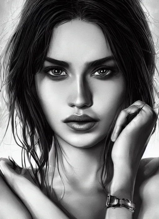 Image similar to up close portrait of a beautiful woman in black and white, art by diego fazio and diegoKoi and oscar Ukono, concept art, sharp focus, artgerm, 8k highly detailed