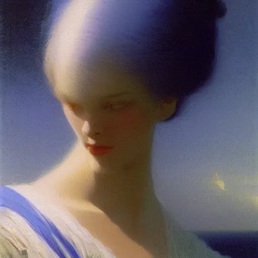 Prompt: a young woman's face, her hair is white and she wears a cobalt blue satin cloak, by ivan aivazovsky and syd mead and moebius and gaston bussiere and roger dean and pieter claesz and paul delaroche and alma tadema and willem claesz and gerard ter borch, hyperrealistic, volumetric light