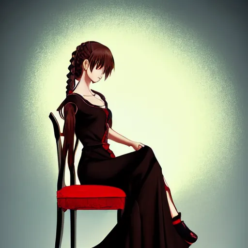 Prompt: beautiful woman with braided brown hair, wearing an elegant dress, and sitting on a chair, highly detailed, painting, red and black color palette, intricate, high quality anime artstyle