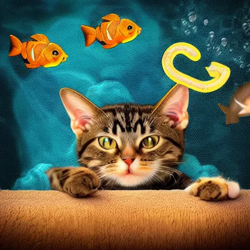 Image similar to a cat scuba diver, ears and tail and flippers, mystical undersea atmosphere, realistic