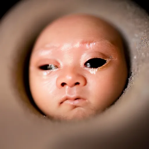 Prompt: macro photography extreme closeup of baby justin sun face hatching from cracked egg