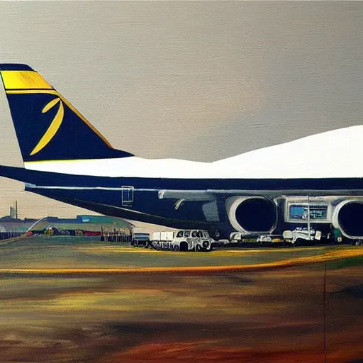 Image similar to a painting of a boeing 7 4 7 jumbo jet, painted in the style of davinci