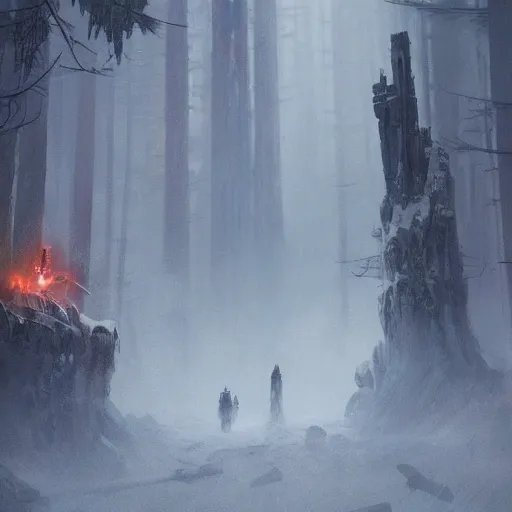 Image similar to star wars concept art by greg rutkowski, a neogothic city in the middle of a snowy forest landscape and near a lake, dark clouds, scarce rays of sunlight, enigmatic atmosphere, artstation hq.