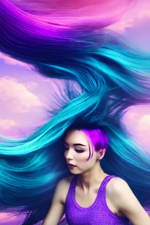 Image similar to a award winning half body shot of a beautiful woman in a croptop with ombre purple pink teal hairstyle with head in motion and hair flying, outrun, vaporware, highly detailed, fine detail, intricate