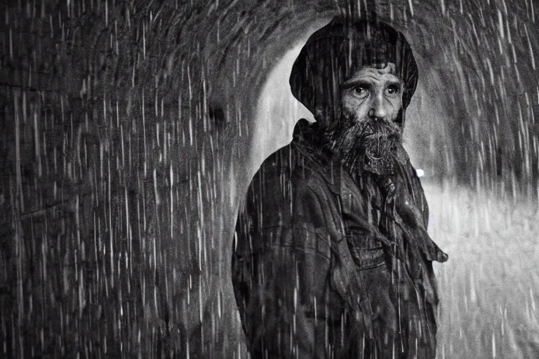 Image similar to a cinematic!! headshot photograph!! of a beautiful homeless war veteran, stood in a tunnel, rain, film still, cinematic, dramatic lighting, by bill henson