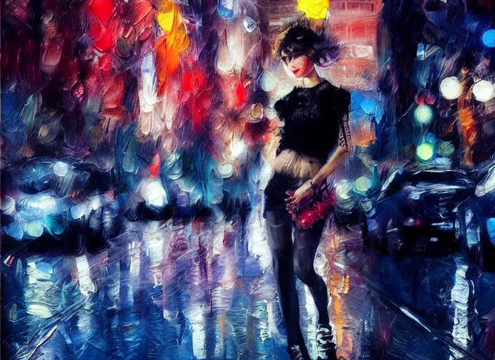 Prompt: detailed portrait of a punk girl with blue eyes in the city street at night, bokeh, long exposure, painting by giovanni boldini christopher doyle