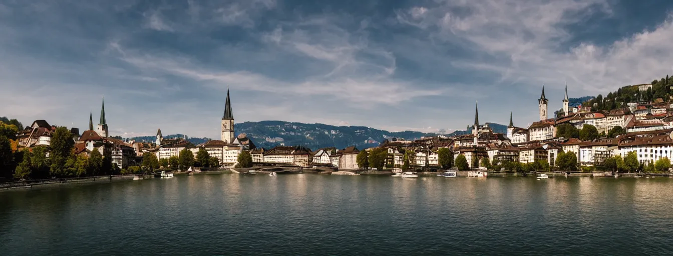 Prompt: Photo of Zurich, looking down the Limmat at the lake and the alps, Hardturm, Grossmünster, Lindenhof, Üetliberg, wide angle, volumetric light, hyperdetailed, light blue water, artstation, cgsociety, 8k