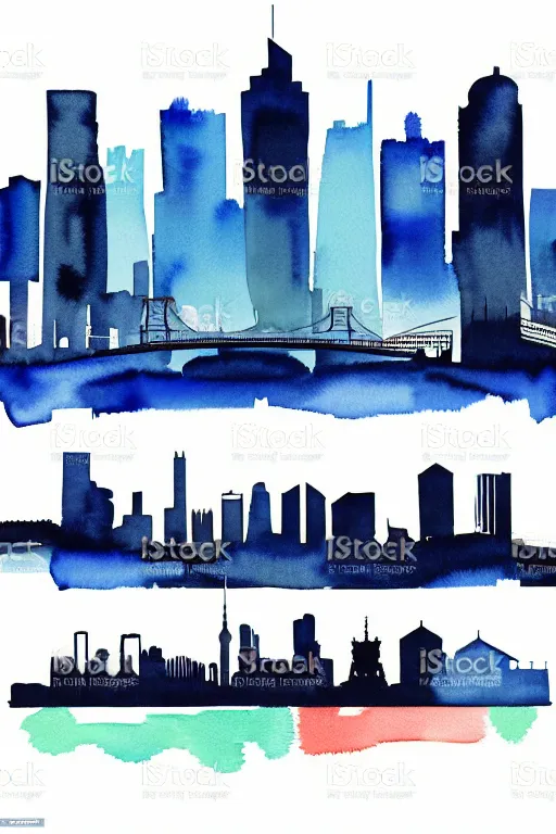 Prompt: minimalist watercolor art of frankfurt river bridge skyline, illustration, vector art