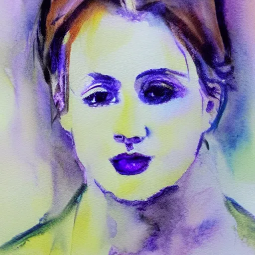 Image similar to molly sanden, watercolor, in the style of claude monet, beautiful face, award winning, hd, 4 k, purple, blue