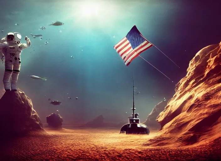 Image similar to astronaut holding a flag in an underwater desert. a submarine is visible in the distance. dark, concept art, cinematic, dramatic, atmospheric, 8 k, trending on artstation, blue, fish, low visibility, light rays, extremely coherent, bubbles, fog, ocean floor, christopher nolan, interstellar