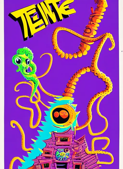 Image similar to a poster for the Day of the Tentacle videogame by Steve Purcell. 8k. Detailed. Characters. Maniac Mansion. Purple tentacle.