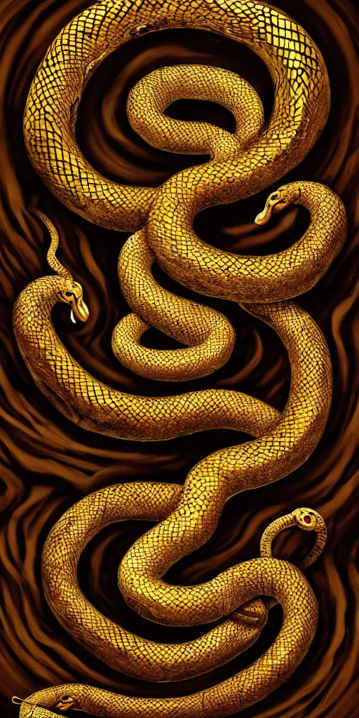 Prompt: concept art of an ouroboro, endless snake, made of gold, on a dark wood background, surrounded by spirals of fog, grimy, gritty, trending on artstation, award winning painting, close portrait, cgi, art by david cronenberg and chris cunningham