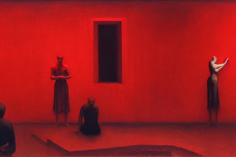 Image similar to only with red, crowd screaming, an exposed painting in a roman theater, in the style of beksinski, parts by edward hopper, parts by rodcenko, parts by yue minjun, intricate and epic composition, red by caravaggio, insanely quality, highly detailed, masterpiece, red light, artstation, 4 k