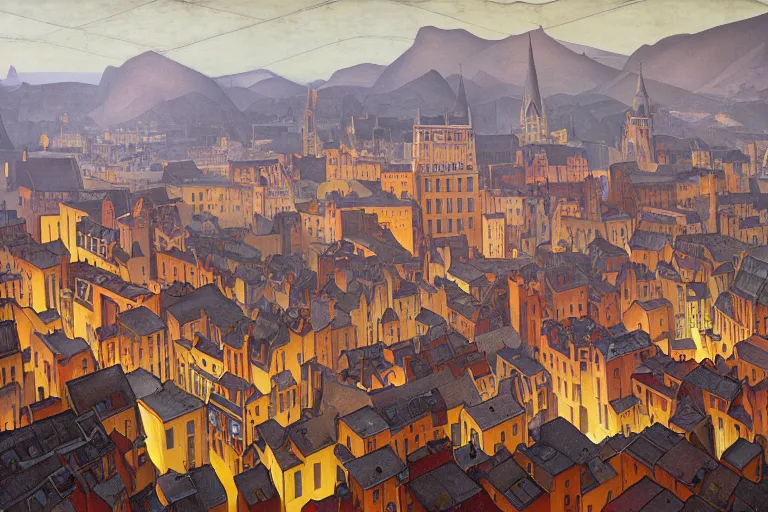 Prompt: view of the old grey city and its winding streets still wet after a storm, tall windows lit up, beautiful ornamental architecture, dramatic cinematic lighting, rich colors, by Nicholas Roerich and William Dyce and ford madox brown and April Gornik and Sylvain Sarrailh and Ludwig Deutsch and Diego Rivera, featured on artstation