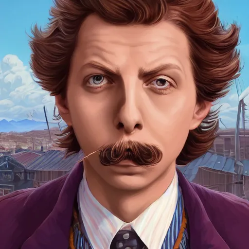 Image similar to a detailed portrait of michael cera as an old west villain, long twirling moustache, by dan mumford, yusuke murata, makoto shinkai, ross tran, cosmic, heavenly, god rays, intricate detail, cinematic, 8 k, cel shaded, unreal engine, featured on artstation, pixiv