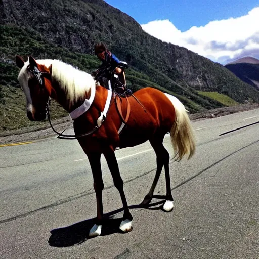 Prompt: horse on bicycle!, cycling!!, anthropomorphic!!, in the mountains, award winning photo,