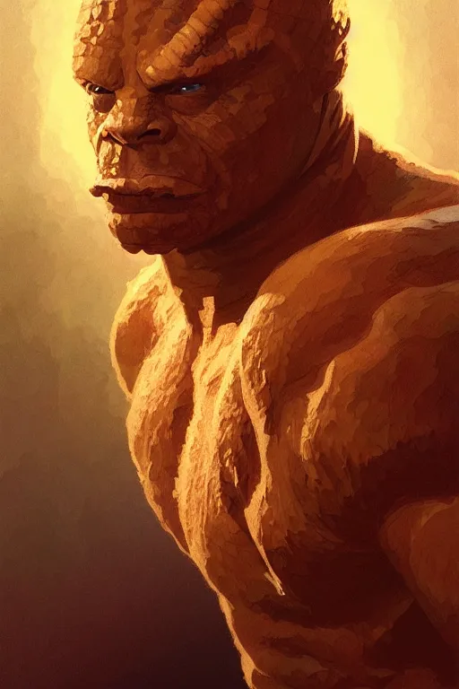 Prompt: a portrait of the thing ( ben grimm ), fantasy, sharp focus, intricate, elegant, digital painting, artstation, matte, highly detailed, concept art, illustration, ambient lighting, art by ilya kuvshinov, artgerm, alphonse mucha, and greg rutkowski