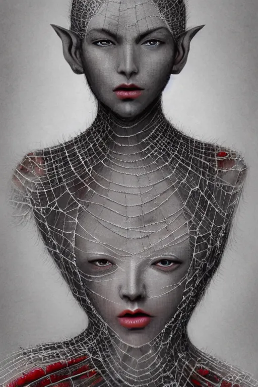 Image similar to full-body portrait of beautiful female grey elf (beautiful, dark grey skin, red eyes, white hair, symmetrical face) wearing a low-cut dress made of spider webs, dark fantasy, D&D, digital art, highly detailed, award winning, concept art, intricate, smooth, sharp focus, art by Greg Rutkowski, art by Ruth Asawa, art by Tim Burton, art by Ted Nasmith, art by H.R. Giger