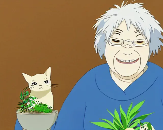 Image similar to fine details portrait of a joyful old lady and her plant cat, by Studio Ghibli. 8k, sharp high quality