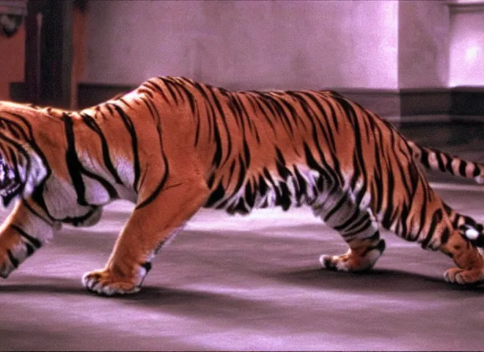 Image similar to hyper realistic, production still of hobbes the tiger playing neo in matrix ( 1 9 9 9 ), 4 k, highly detailed, anamorphic