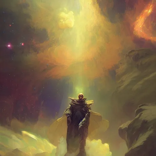 Image similar to digital painting of a man ascending to galactical bliss, stars and nebulas behind, dynamic lighting, cinematic shot, concept art, sci - fi, fantasy, artstation, artem demura, alphonse mucha