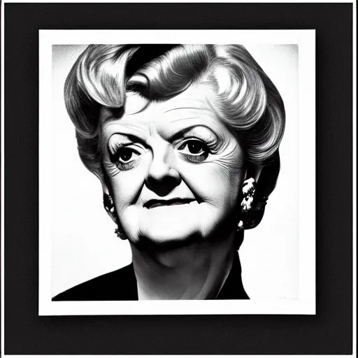 Image similar to black and white portrait of dame angela lansbury, drawn with ball point pen by m. c. escher, very very very detailed