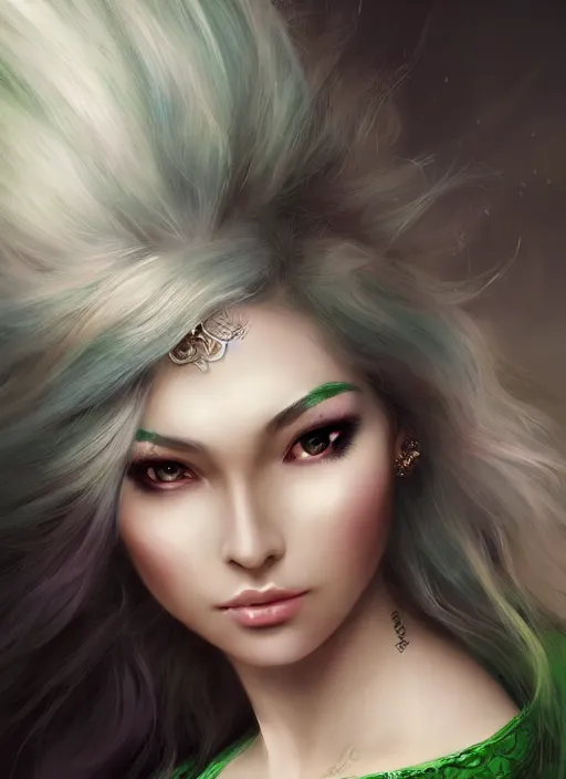 Image similar to a beautiful woman gheisa, 8 k, hyperrealistic, asian hyperdetailed, beautiful face, long white hair, green eyes, dark fantasy, fantasy portrait by laura sava