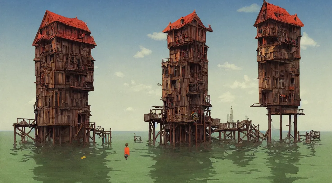 Prompt: single flooded simple crazy wooden tower, very coherent and colorful high contrast!! masterpiece by rene magritte simon stalenhag carl spitzweg syd mead norman rockwell edward hopper james gilleard, minimalist, dark shadows, sunny day, hard lighting