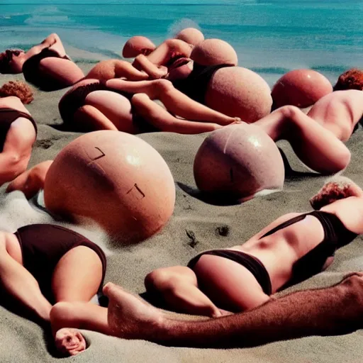 Prompt: photo of a giant ball of human bodies in bathing suits rolling down the beach in cronenburg style