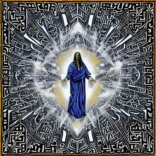 Prompt: psychedelic telepathic symmetric jesus christ in white robe floating art artgem mathematical maze patterns math rock
